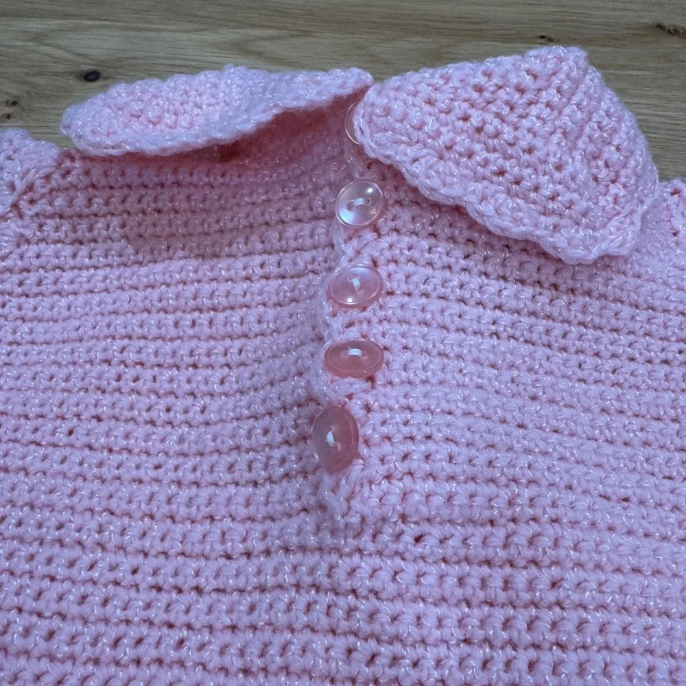 Handmade Pink Crochet Baby Dress Shimmer Knit Peter Pan Collar Shell 12-18M